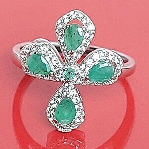 Natural Green Emerald 4x3mm‎ & White Topaz 925 Sterling Silver Ring Size 7.75